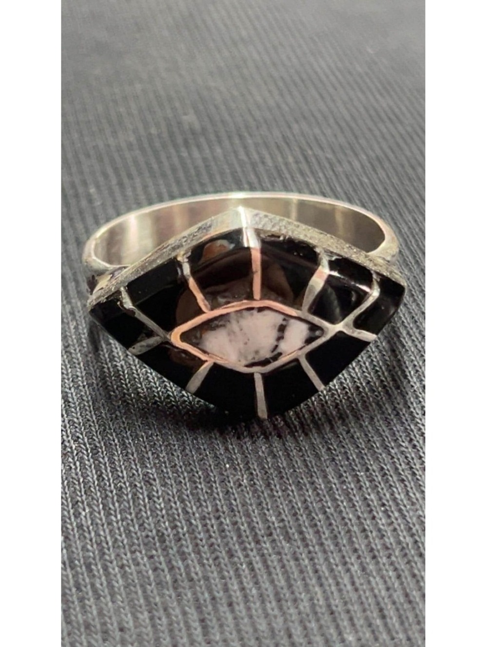 Zuni inlay onyx and white buffalo sterling silver cluster ring size 10.5